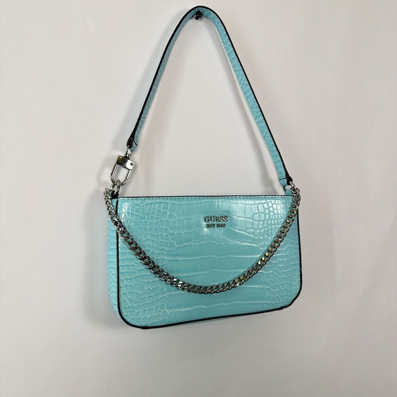 Guess Y2K Light Blue Croc Embossed Shoulder Bag Chain Mini Baguette Purse - Picture 4 of 8